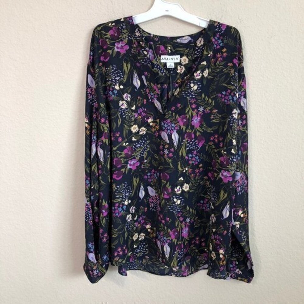 Ava & Viv Blouse Black Purple Floral Top Trendy